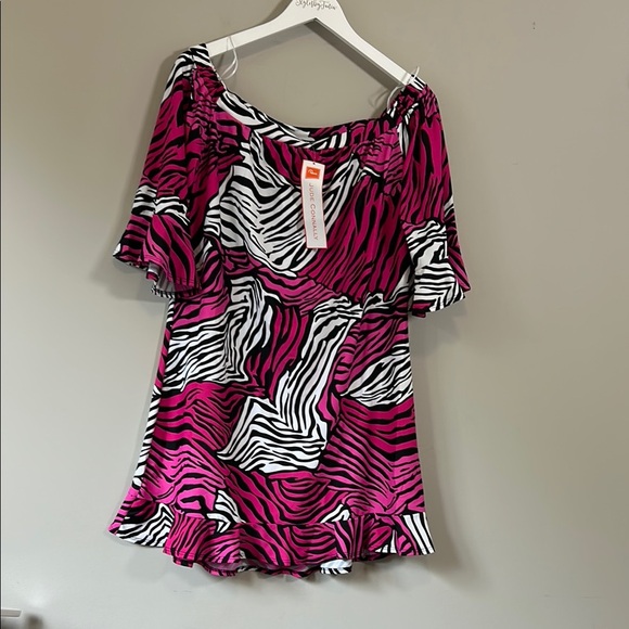 Jude Connally Celine Dress Black Pink Zebra Print Off Shoulder Bell Sleeve M NEW - Picture 2 of 9